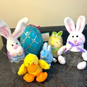 Easter fun.  6 items. wind up hopping bunny. Stuffies and treat storage items